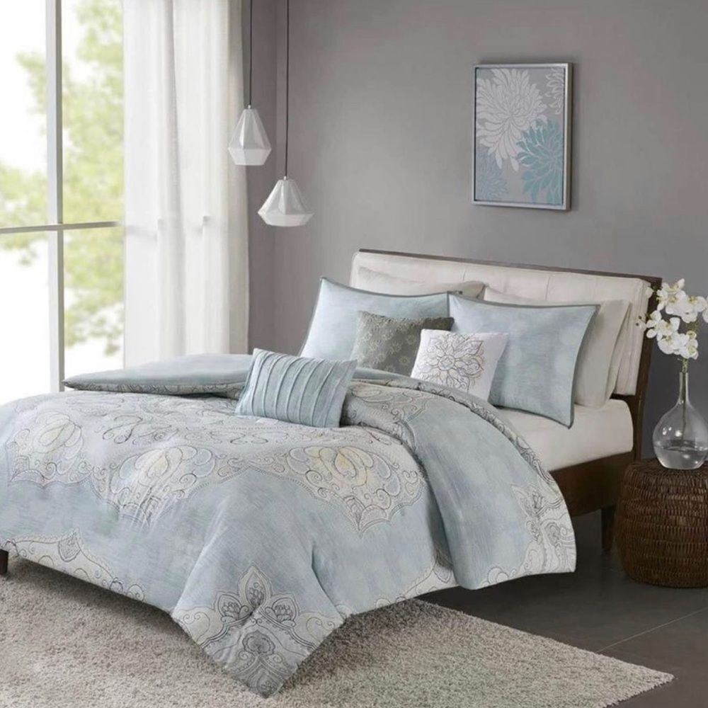 7 Piece Reversible Cotton Sateen Comforter Seafoam Full/Queen, NEW